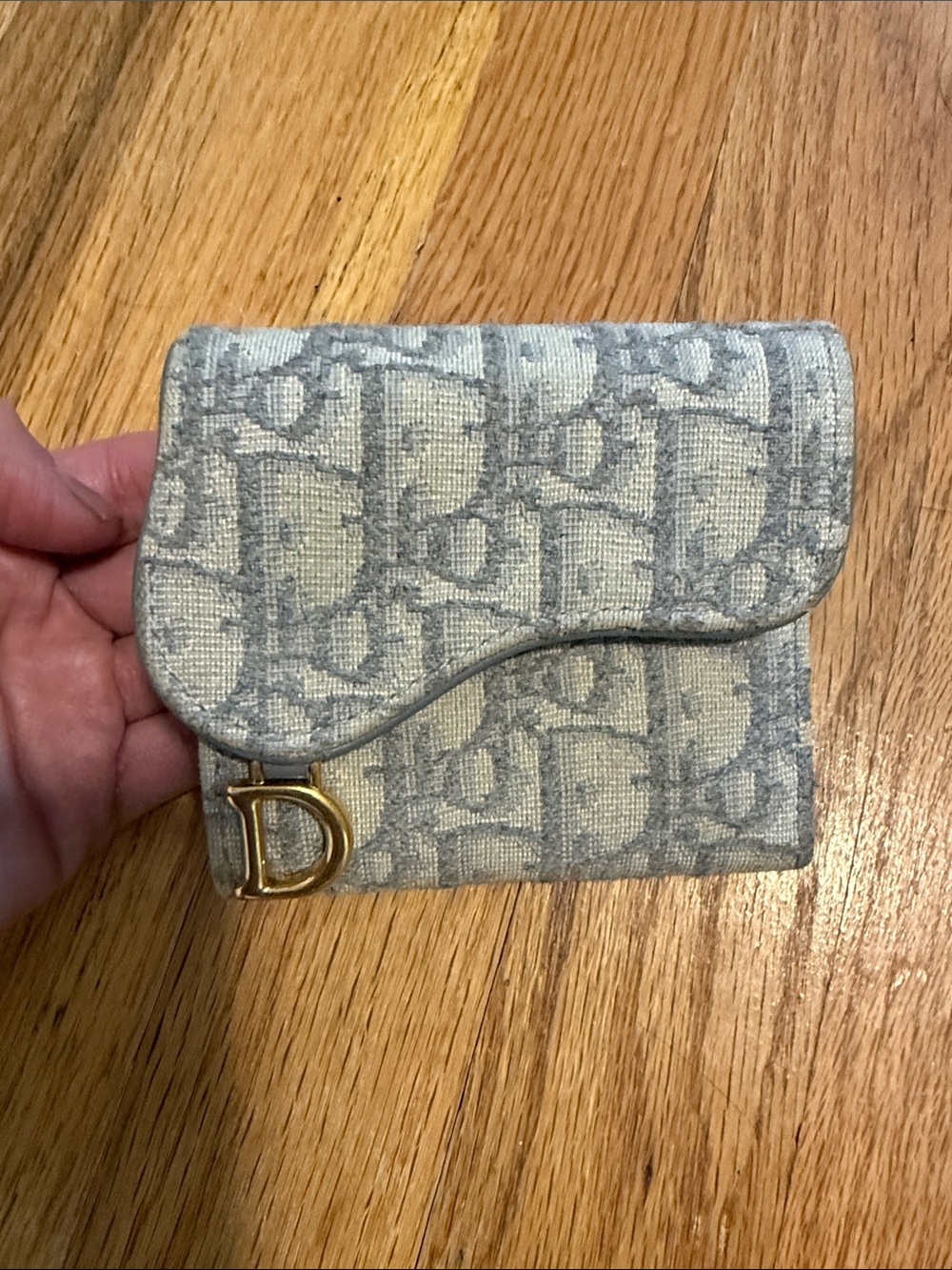 Dior Grey Monogram Canvas Trifold Wallet with Gold 'D' Accent